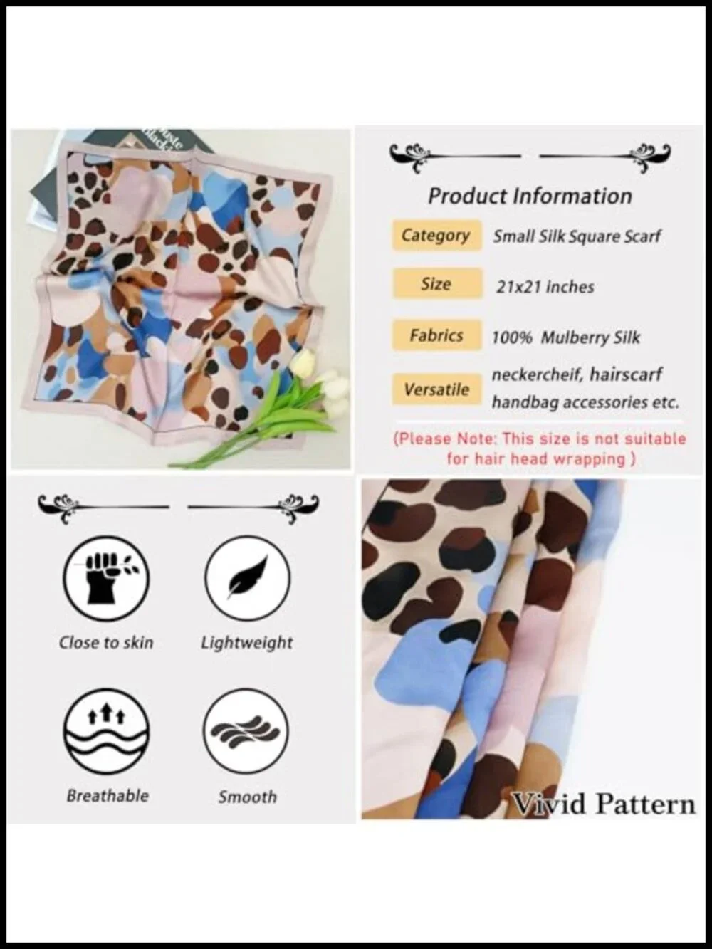 100% Mulberry Silk Square Scarf Neck Scarf Hair Accessory Gift
